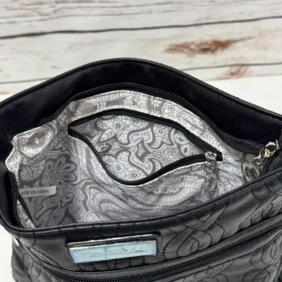 Bella Russo Quilted Crossbody Purse Black Silver Heart Tassel Hand Bag Zipper - Picture 7 of 8